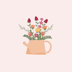 flowers in a vase watering can for postcard calendar poster paintings botanical style plants colorful