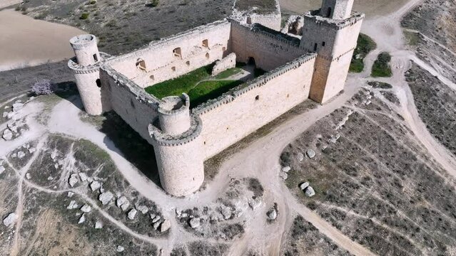 Aerial view from a drone of the Castillo de Barcience near Torrijos in the Province of Toledo, Castilla-La Mancha, Spain, Europe
