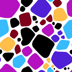 Pattern texture of mottled giraffe fur or mottled cowhide. Seamless pattern of black and colored random spots. Texture banner. Imitation of coloring of animal skins. Vector illustration 