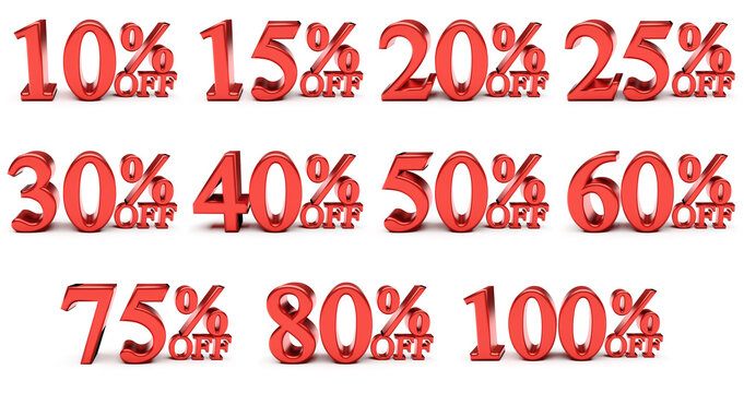 Collection of discounts with numbers and percent off isolated on white. Set of red mumber with percentage sign