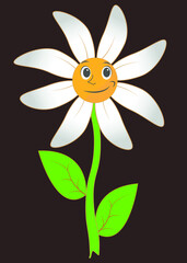 Chamomile flower with cartoon face. white flower on a red background for flyers and badges