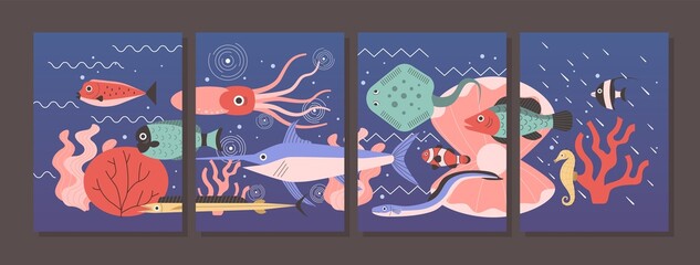 Water cartoon posters. Nature underwater background with minimalistic art. Fish and seaweeds. Undersea animals. Swordfish and squid. Aquatic fauna. Vector ocean collage banners set