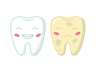 White and yellow tooth. Cartoon teeth characters before and after whitening. Happy healthy and sad bad molars with funny faces. Oral care. Dentistry and hygiene. Vector illustration