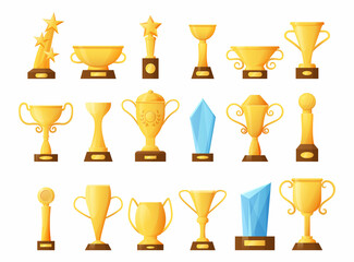Cartoon cup. Golden championship reward. Isolated winner prize for competition. Tournament trophy shapes. First place winning goblet. Game victory award. Vector achievement icon set