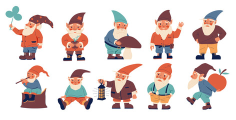 Cartoon dwarves. Cute fairy tale characters with beards and hoods. Fantasy short creatures. Midgets with mushroom and clover leaf. Garden fabulous elves. Vector magical gnomic men set
