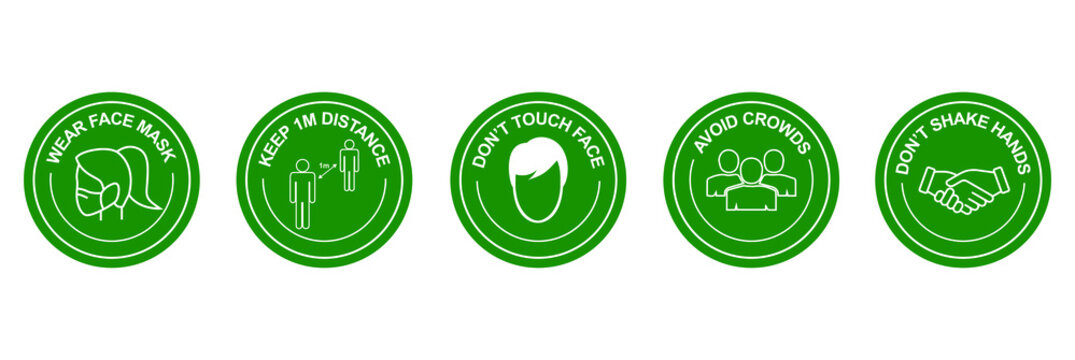 Wear Face Mask, Keep 1m Distance, Don't Touch Face, Avoid Crowd, Don't Shake Hands Icon Set Vector Illustration 