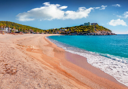Marvelous summer view of empty Jale Baech. Beautiful morning scene of Albania, Europe. Attractive summer seascape of Adriatic sea. Vacation concept background..