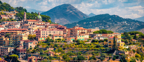 Panoramic summer cityscape of Salerno town. Splendid outdoor scene of Italy, Europe. Amazing Mediterranean seascape. Traveling concept background.