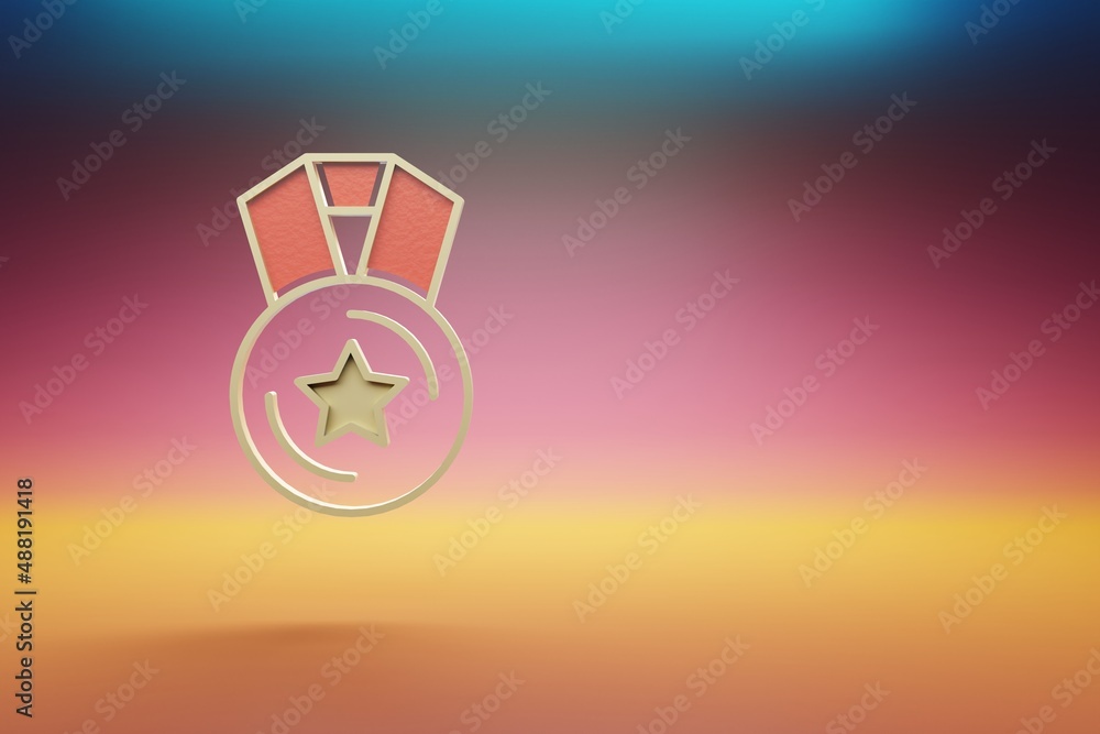 Poster beautiful golden medal star symbol on multicolor bright background. 3d rendering illustration. backg