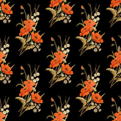 seamless pattern bouquet of poppies isolated on black background