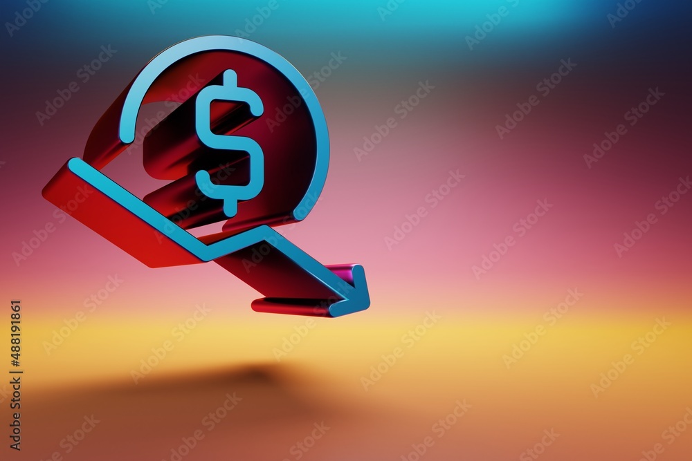 Poster beautiful blue-red dollar price arrow down symbol icons on multicolor bright background. 3d renderin