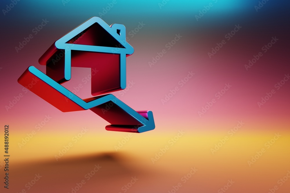 Poster beautiful blue-red real estate arrow down symbol icons on multicolor bright background. 3d rendering