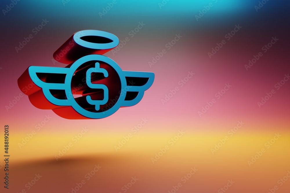 Poster beautiful blue-red dollar price symbol icons on multicolor bright background. 3d rendering illustrat
