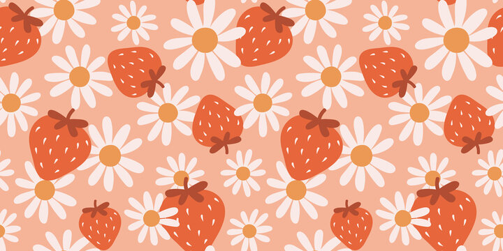 Cute girly strawberry and daisy floral pattern. Spring summer strawberries and daisies illustration repeat wallpaper. Pink background. Seamless pattern vector.