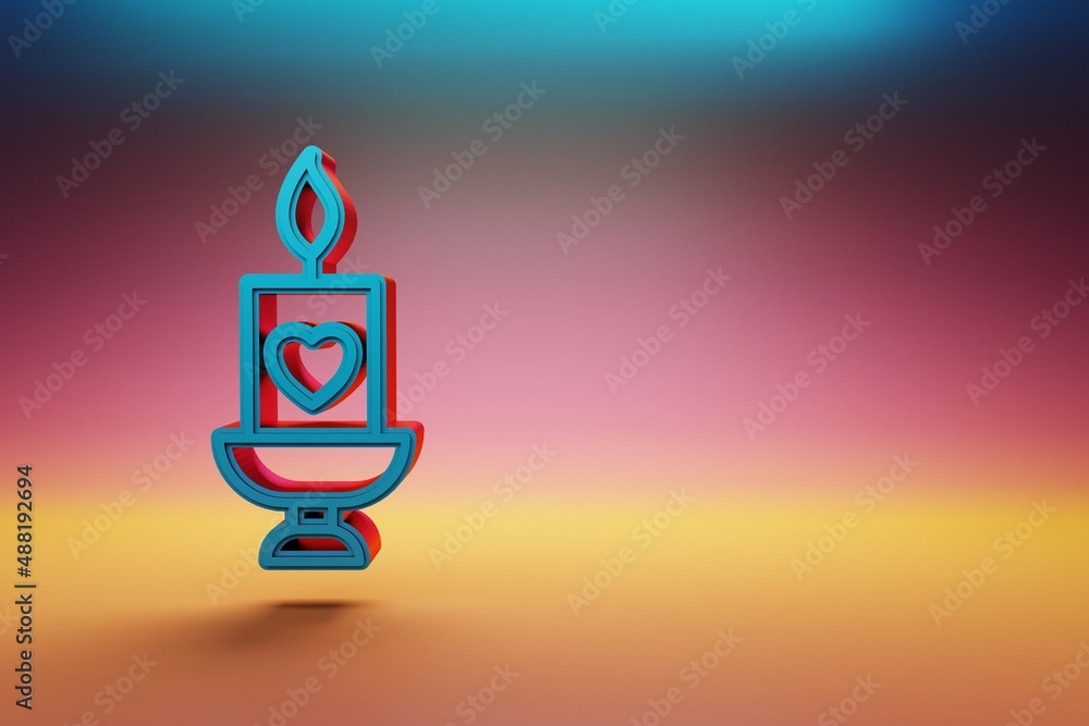 Poster beautiful candle with heart icons on multicolor bright background. 3d rendering illustration. backgr