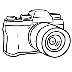 comic drawing of a retro camera. Vector monochrome outline.