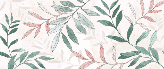 Botanical hand drawn background. Leaf line art watercolor wallpaper with green, pink leaves and branches. Warm tone design for banner, prints, wall art, fabric and home decor.