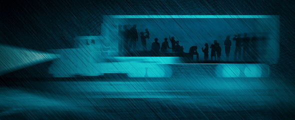 Human trafficking is the subject of this image of people being transported in the back of a tractor trailer truck. People are visible as if being observed by x-ray or heat signatures. - Powered by Adobe