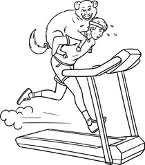 man running with pig on his back. Sport treadmill outline monochrome.