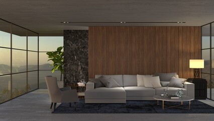 Empty room in modern design, wooden wall, concrete floor and ceiling with mountain scenery make a look as view from modern luxury mountain sided house. Use for interior mock-up space. 3D Illustration. - 488194283