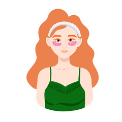 Red head girl with cosmetic eye patches, vector beauty illustration. 