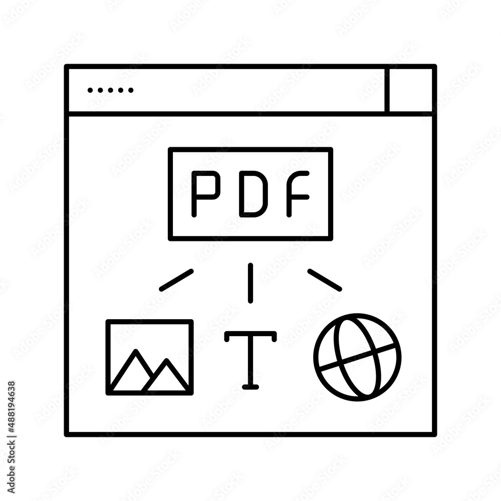 Poster image, text and web site page to pdf file line icon vector illustration