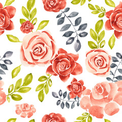 Seamless watercolor pattern with bright roses in different red shades and black and green branches in different sizes. Great for fabric, paper, wallpaper, textile design