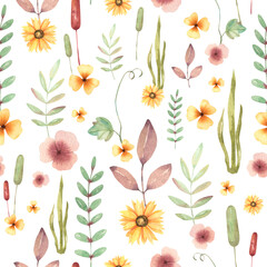 Seamless watercolor pattern with wild flowers, branches with leaves, dried flowers, meadow herbs of different sizes in a romantic style. Great for fabric, paper, wallpaper, textile design