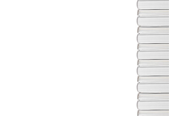 Banner with hardback books tower isolated on white background. Vertical books border with copyspace. Education and reading leisure concept. High quality photo