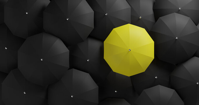 3D Illustration, Yellow Umbrella Standing Out Of The Crowd