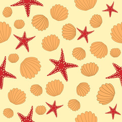 Seamless pattern with starfish and shells for relaxation and summer mood on a beige background.