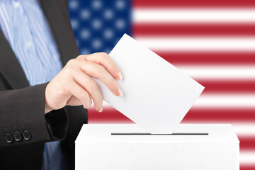 election ballot box in usa, business woman votes on american voting in congress, senate, presidential election