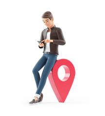 3d cartoon man using smartphone next to map pin