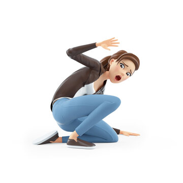 3d scared cartoon woman sitting on the floor Stock-Illustration | Adobe  Stock
