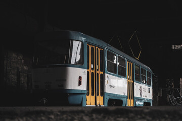 Czech Tram in lonely industrial rusty area Ostrava (train cabin streetcar) old TATRA T3