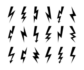 icon. Black electric flash, spark lightening and fast charge symbol. Vector isolated set