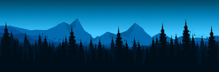 blue hour sunset forest mountain flat design vector illustration good for wallpaper, backdrop, background, web banner, and design template