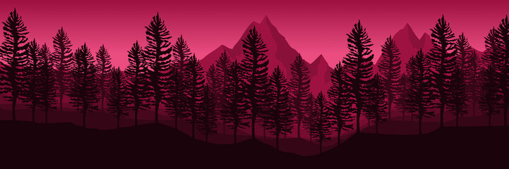red sunset forest mountain flat design vector illustration good for wallpaper, backdrop, background, web banner, and design template