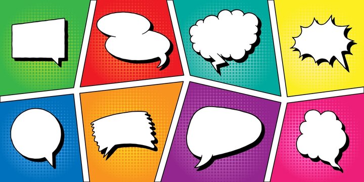 bubble frame. Cartoon banner with speech balloon retro element, communication and expression sticker. Vector set