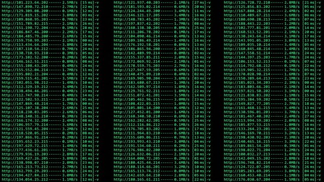 Connection with IP addresses routing. Internet network shell console. Big data. Admin of domain protocol address space. Blockchain and bitcoin nodes. Mining and web 3.0 decentralization concept