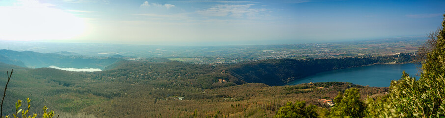 Fototapeta premium Albano Lake and Nemi lake panoramic view in a clear day, Castelli Romani, Rome, Lazio, Italy