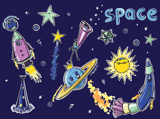 children's space doodle set: with rockets, stars, planets, stargazer hat, sun, jupiter, telescope. Sketch vector graphic color illustration on blue background