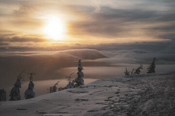Sunset in Winter with very low clouds and frozen trees dramatic sky mist snow mountain top view