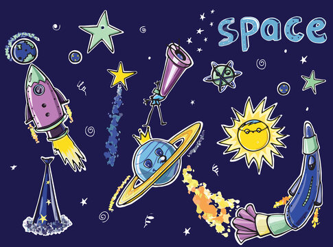 children's space doodle set: with rockets, stars, planets, stargazer hat, sun, jupiter, telescope. Sketch vector graphic color illustration on blue background © Vitaly