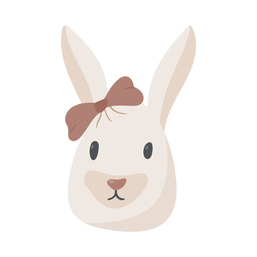 Vector cute white rabbit head with bow.