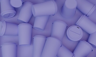 3d rendering of coffee cups in a modern style. Purple wallpaper with coffee. realistic coffee cups. realistic coffee cups