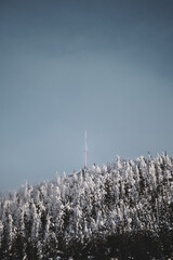 Transmitter at the Top of the Mountain in clouds With Snowy Trees and Blue Sky in Czech Republic