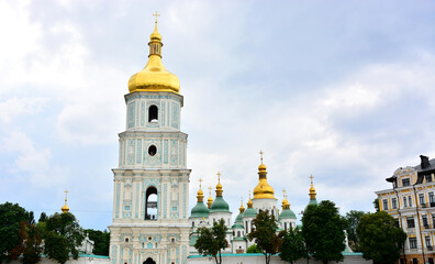 Fototapeta na wymiar Kiev, Ukraine - Bell Tower of Saint Sophia Cathedral; Orthodox Church in Byzantine Style at Sofivska Square