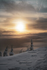 Mountain Peak Sunset With Inversion Low Clouds and Frozen Trees