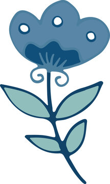 Decorative blue flower with leaves, hand drawn decorative illustration